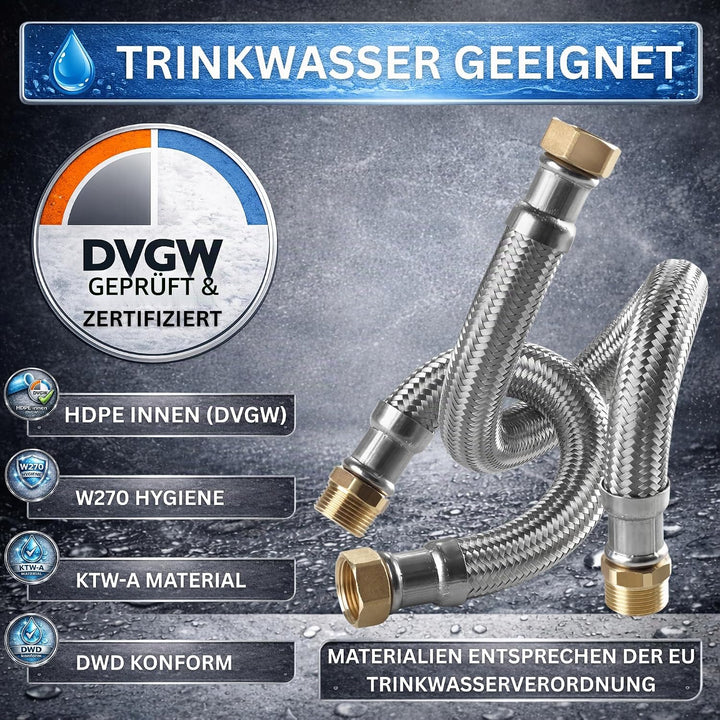DVGW gep. Panzerschlauch 1 Zoll DN25 Edelstahl Flexschlauch Wasseranschluss Heizung Enthärtungsanlag