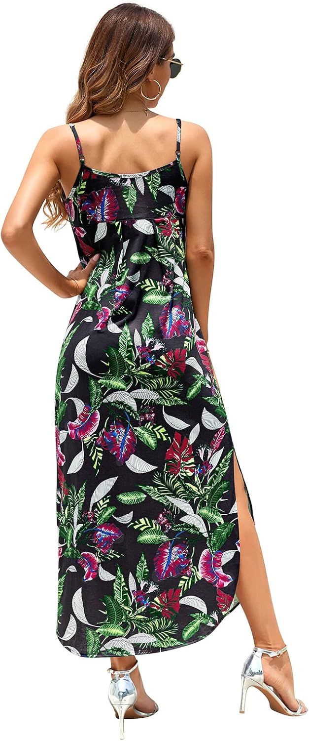 HUSKARY Damen-Sommerkleid, lässig, ärmellos, V-Ausschnitt, Riemen, geteilt, lockeres Kleid, Strandkl