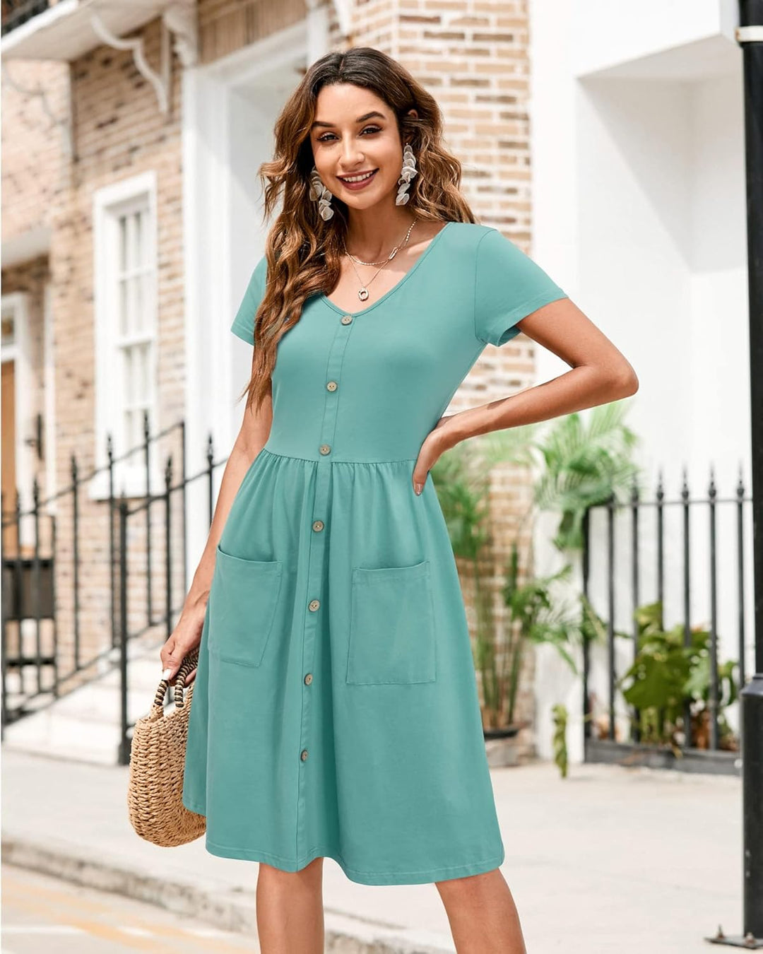 OUGES Sommerkleid Damen Casual Kleid V-Ausschnitt Midi Kleider Knopfleiste Freizeitkleid mit Taschen