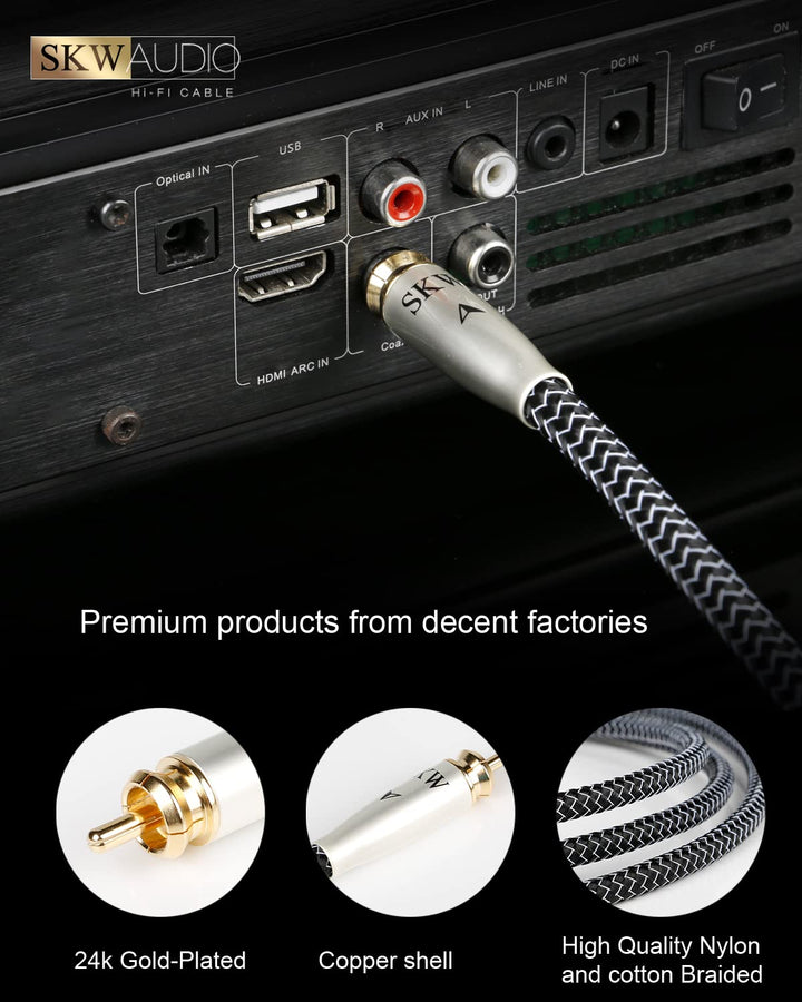 SKW High End Cinch RCA Digitales Koaxialkabel, Kupfer und Silberlitzendrähte Cinch auf Cinch S/PDIF