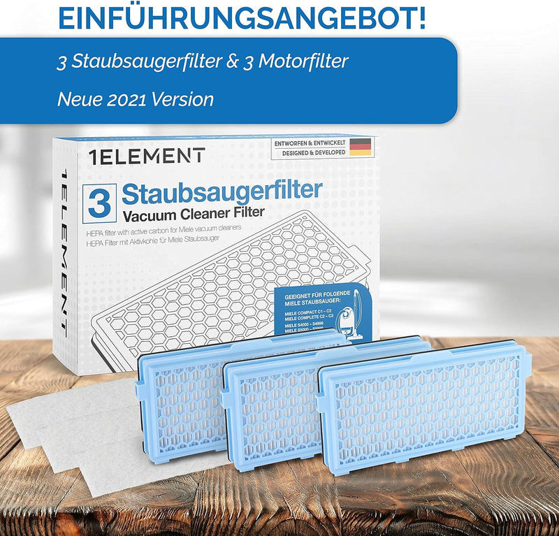 3 Filter für Miele Staubsauger [Compact C1 & C2, Complete C2 & C3, S8340] – 3 HEPA Filter und 3 Moto