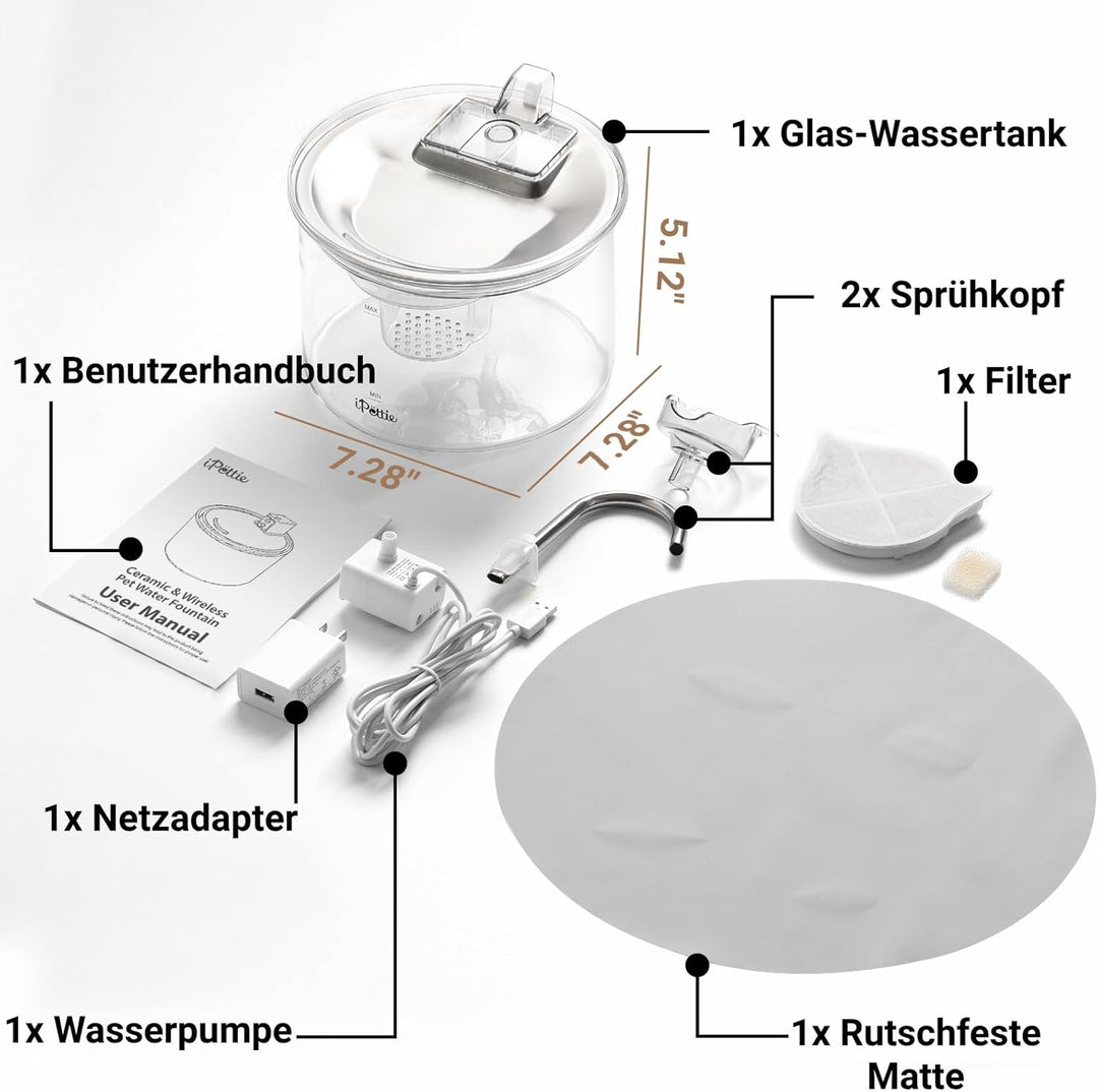 iPettie G01 Glas Katzenbrunnen, Trinkbrunnen für Katzen und Hunde 2L/68oz mit 2 Sprühaufsätzen, 3-st
