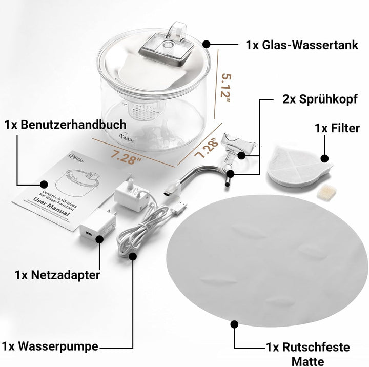 iPettie G01 Glas Katzenbrunnen, Trinkbrunnen für Katzen und Hunde 2L/68oz mit 2 Sprühaufsätzen, 3-st