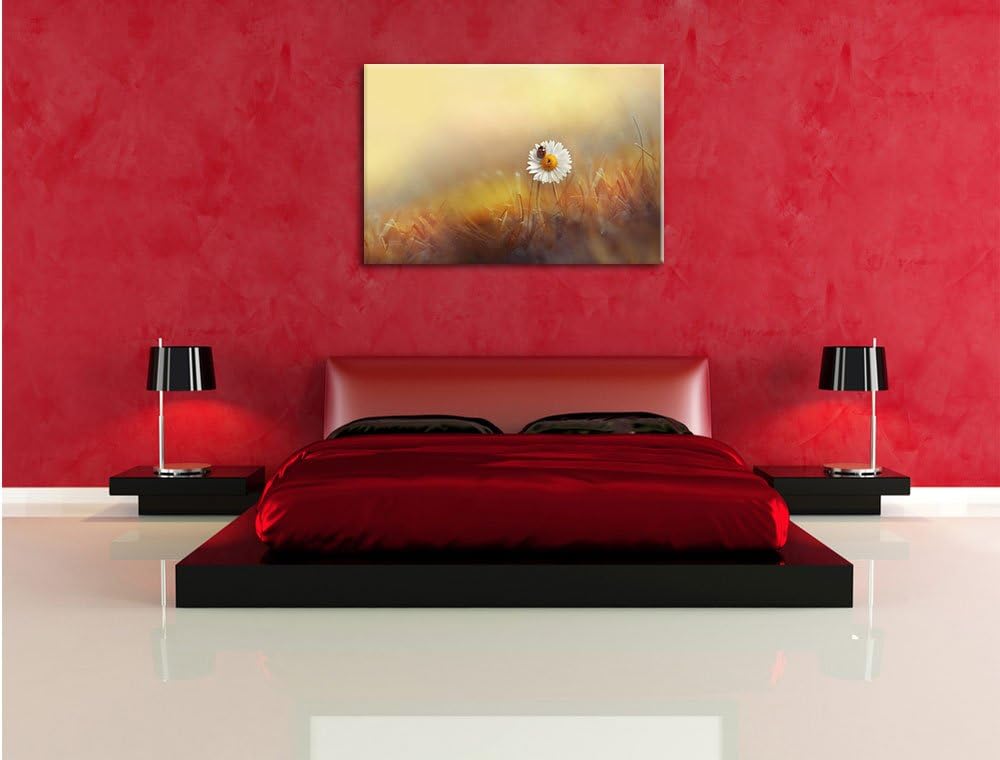 Pixxprint Gänseblümchen mit Marienkäfer im Gras, Format: 100x70 auf Leinwand, 100x70