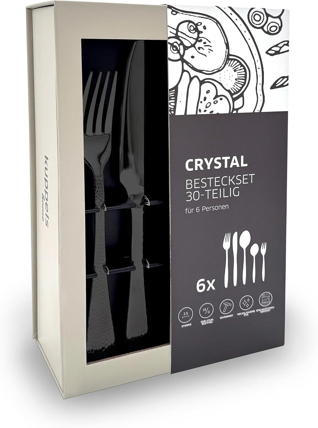 Kuppels Besteck-Set 30-tlg, schwarz, Hammerschlag-Design, 18/0 | Edelstahl-Besteckset für 6 Personen