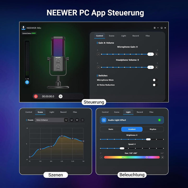 NEEWER UM01 USB Mikrofon mit AI Rauschunterdrückung, Plug &amp; Play Kondensatormikrofon mit Nierenchara