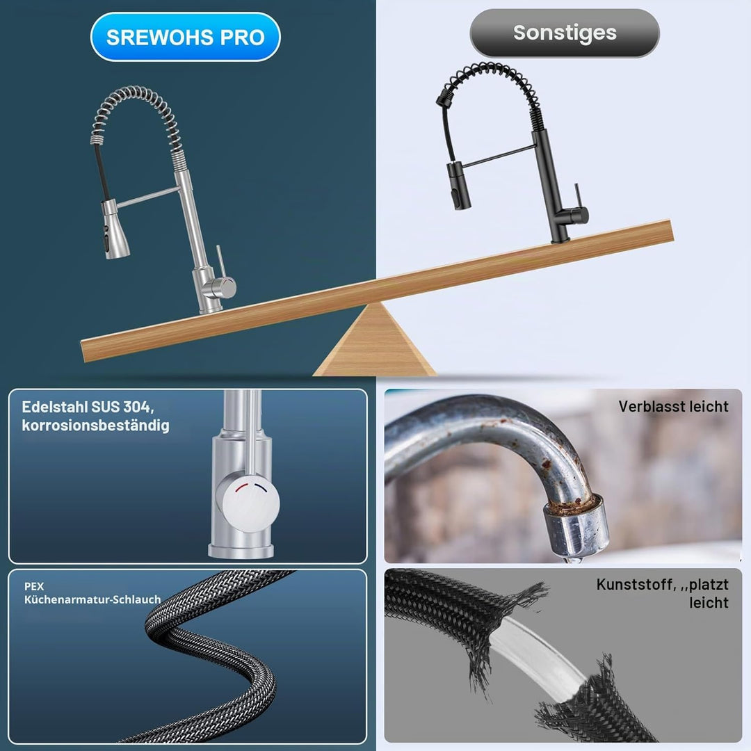 Wasserhahn Küche, SREWOHS PRO Küchenarmatur Ausziehbar, 360° Drehbarer Auslauf, 4 Sprühfunktionen, E