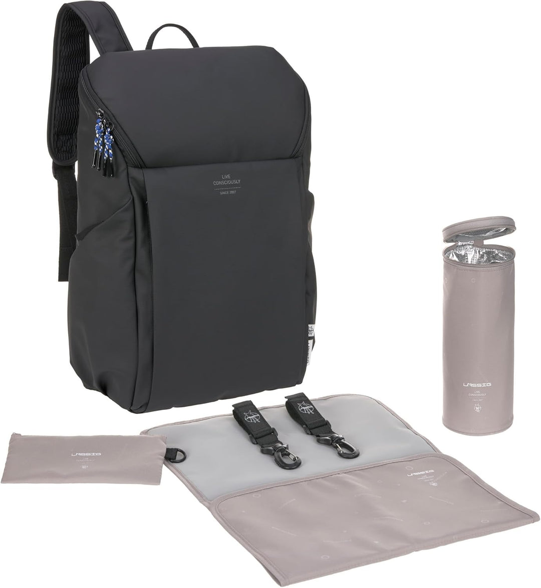 LÄSSIG Baby Wickelrucksack mit Wickelunterlage, Kinderwagenbefestigung und Flaschenhalter/GRE Slende