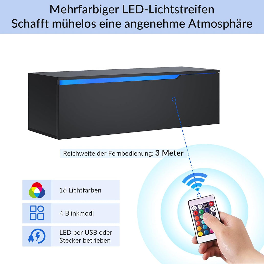 SONNI TV-Schrank, Lowboard Hochglanz Schwarz Hängend/Stehend, TV-Regal mit 16 Farben LED-Beleuchtung