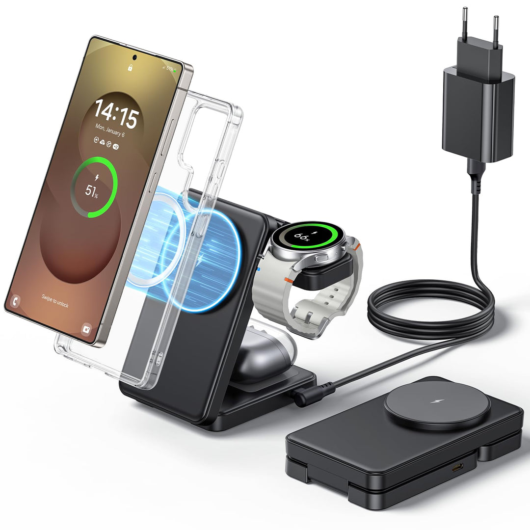 Faltbar Magnetisch Induktive Ladestation für Samsung, 3 in 1 Wireless Charger für Samsung Galaxy S26