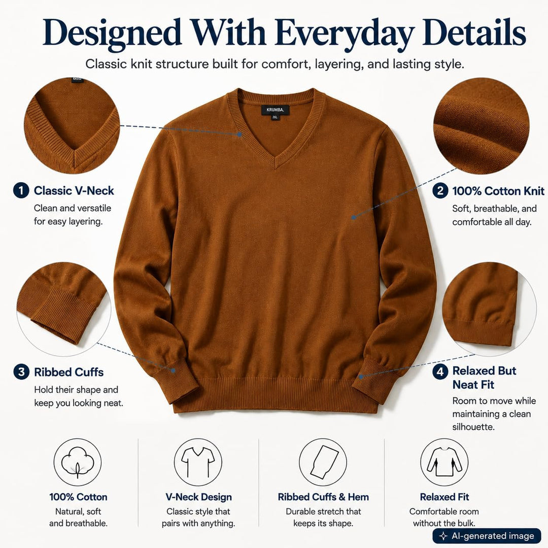 Herren Baumwolle Übergross V-Ausschnitt Klassik Pullover, Camel