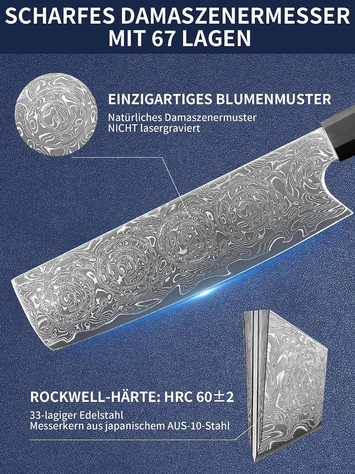 Plys 17cm Japanische Nakiri Damastmesser: Scharf Küchenmesser - Stahl Damast Messer Profi Japanische