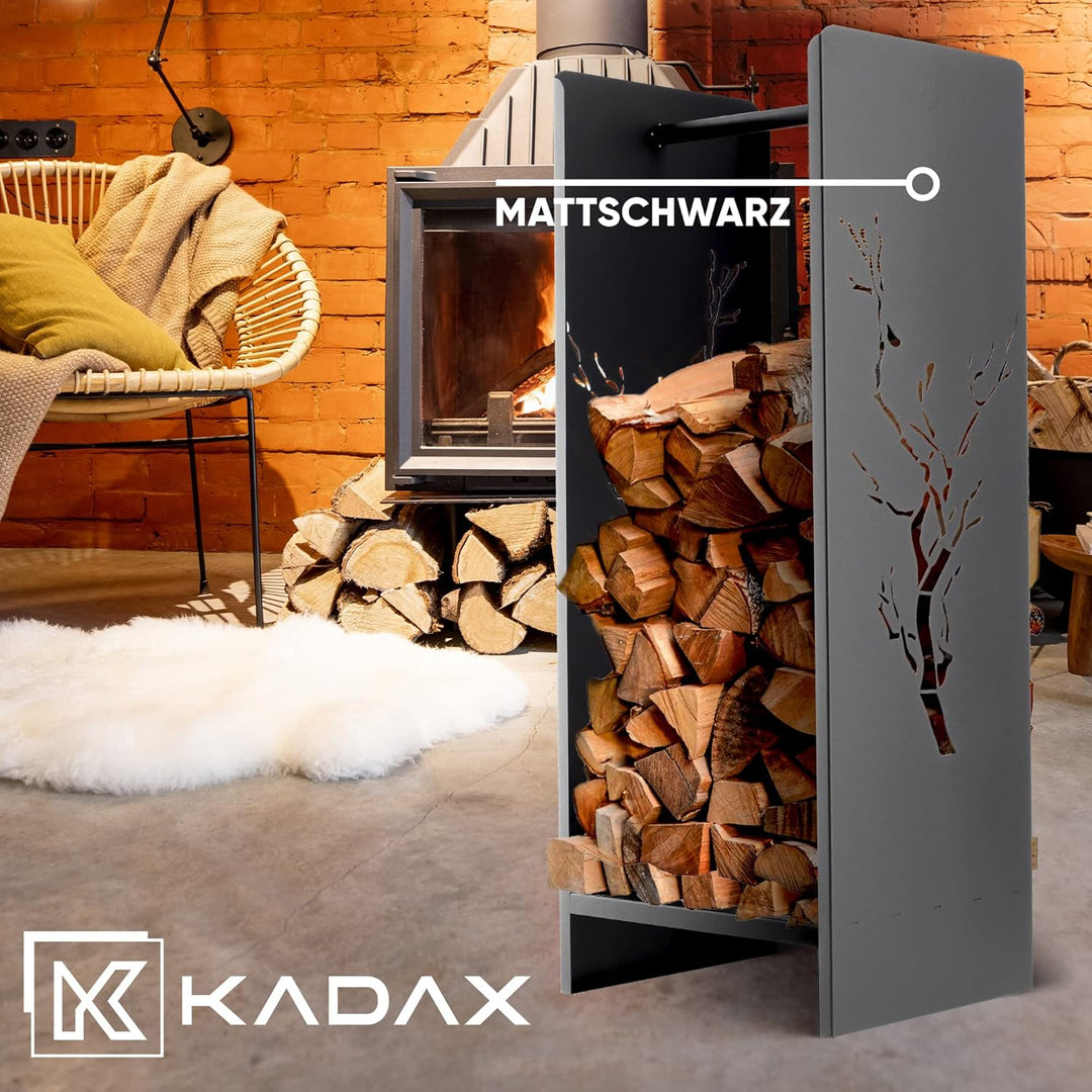 KADAX Kaminholzgestell, Kaminholzregal aus robusten Stahl, schwarzer Kaminholzhalter, pulverbeschich