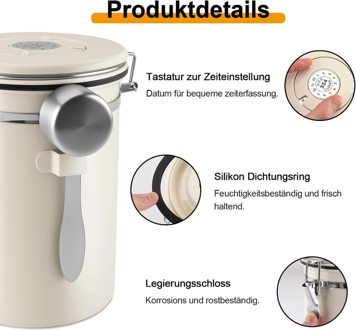 Kaffeedose Luftdicht aus Edelstahl, 1,8L Kaffeedose Luftdicht, Kaffeebohnen Behälter,Kaffee Dose,Mit