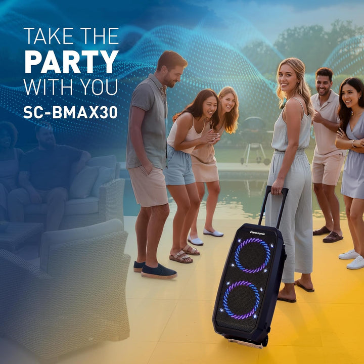 Panasonic SC-BMAX30 tragbarer Party-Lautsprecher mit Bluetooth, integrierter Beleuchtung, Bass Refle