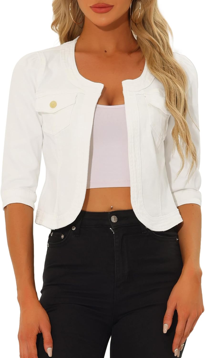 Allegra K Damen Jeansjacke 3/4 Ärmel Open Front Kragenlos Jacke mit Taschen XS Weiss, XS Wei&#xDF;