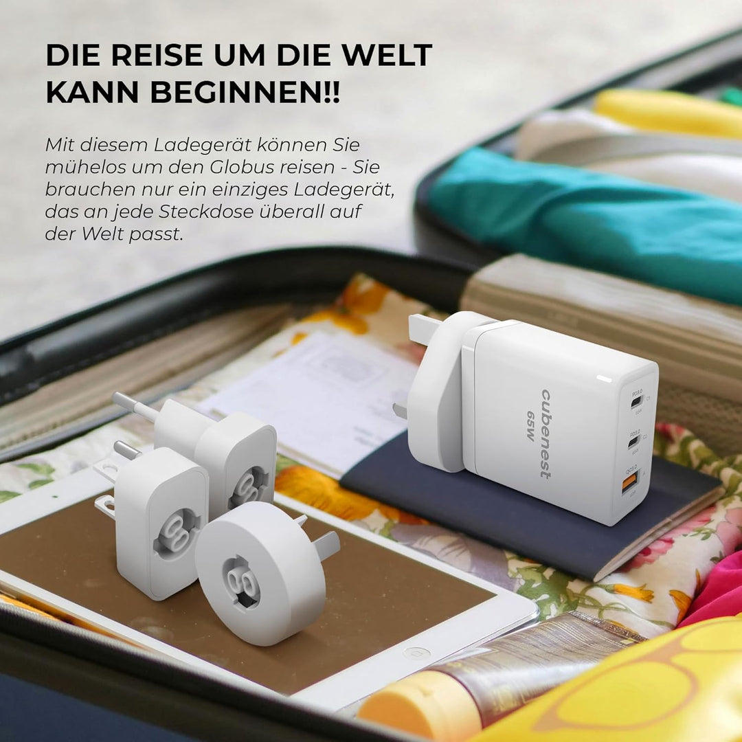 CubeNest 65W Reise PD Ladegerät, 2-Port USB C + USB A, PD 3.0, mit GaN Tech USB C Netzteil, Schnelle
