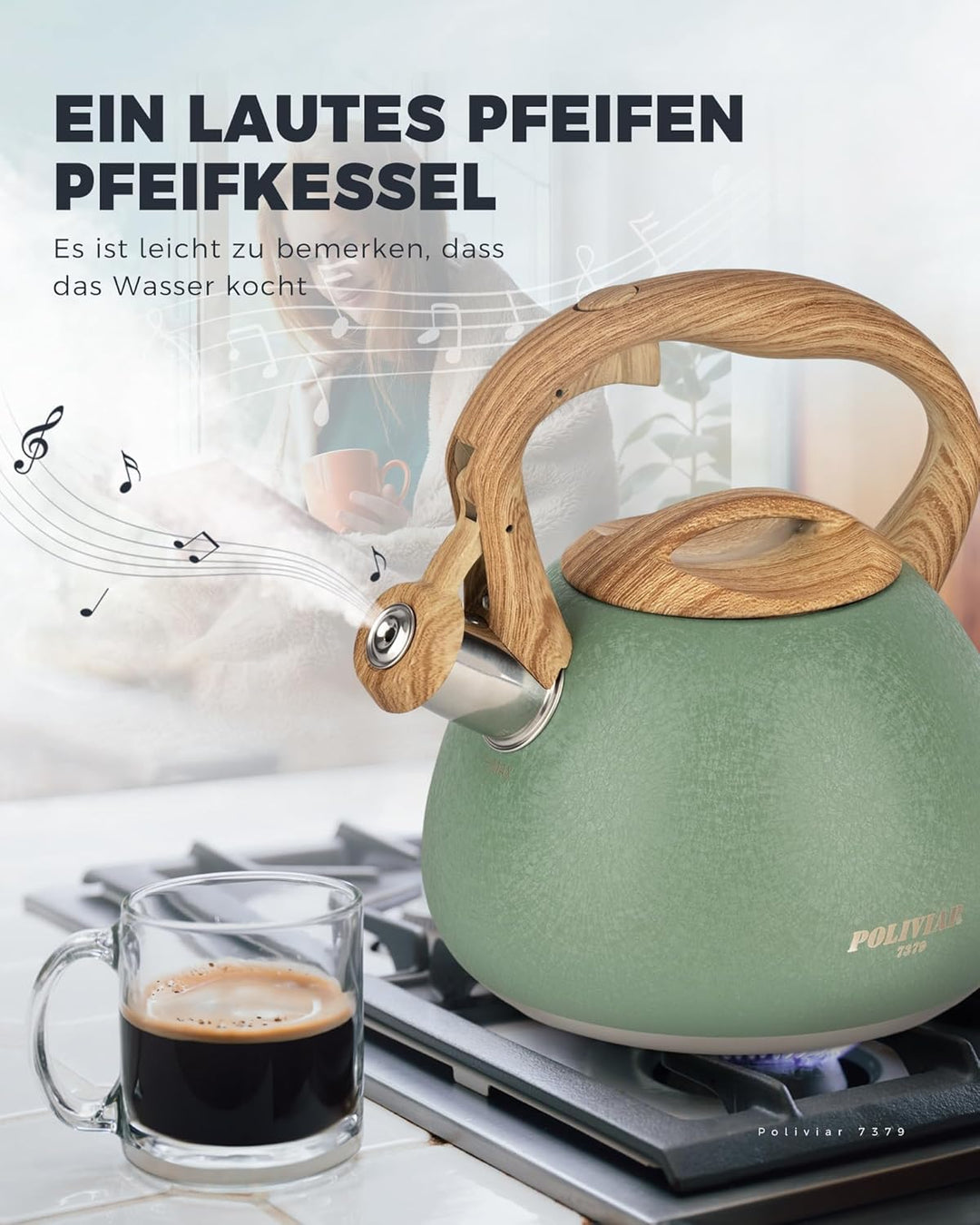 Poliviar Teekessel Induktion - Wasserkessel für Induktion und Gasherd - 2,7L Flötenkessel mit Holzma