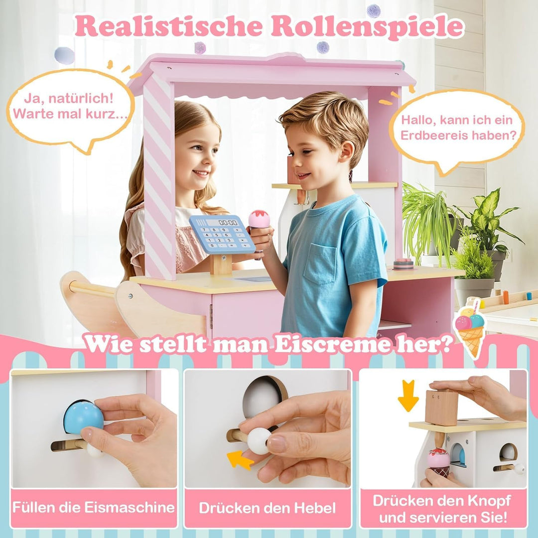 FANTASK Eiswagen Kinder Rosa mit 15 Zubehör, Kaufladen Holz mit Eismaschine & Kasse & Scanner & Verk