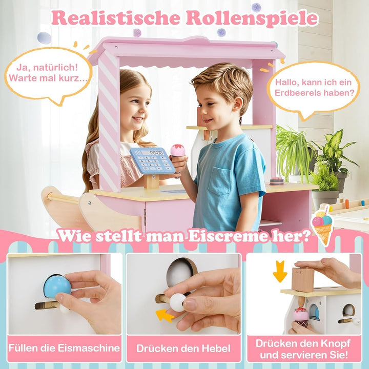 FANTASK Eiswagen Kinder Rosa mit 15 Zubehör, Kaufladen Holz mit Eismaschine & Kasse & Scanner & Verk