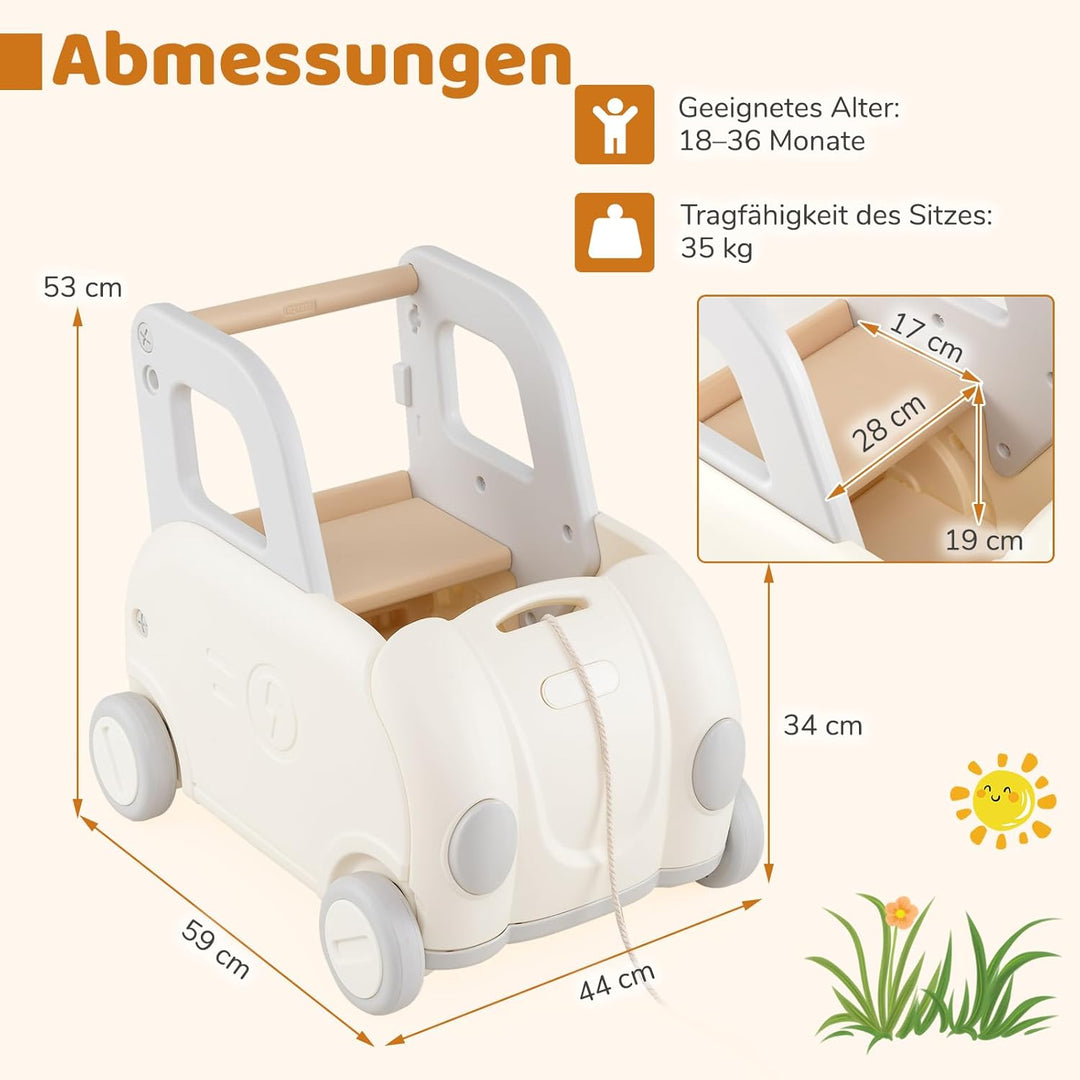 DREAMADE Lauflernwagen Baby, Laufwagen mit Zuggurt, Rädern & klappbarer Sitz, Baby Walker mit Staura
