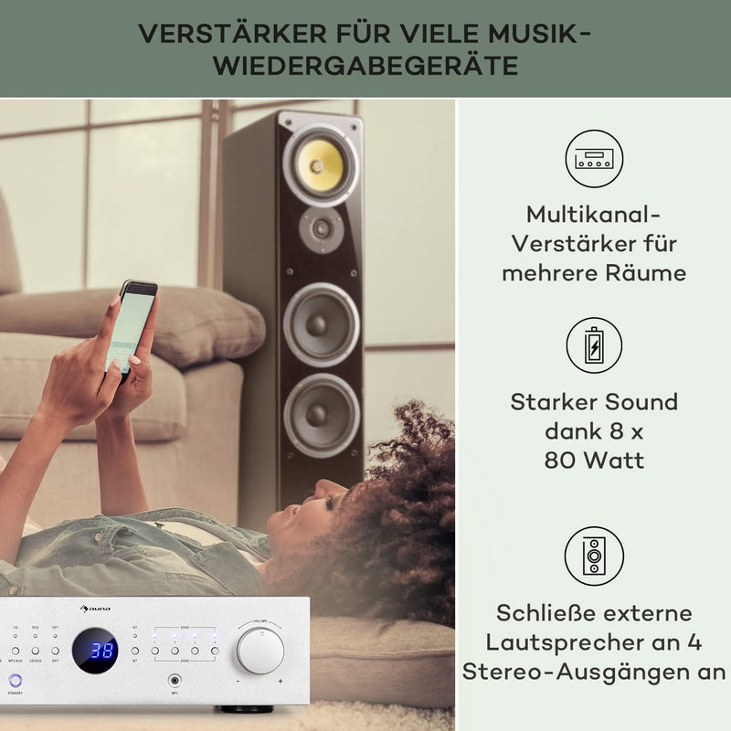 Auna Verstärker, HiFi Stereo Mini Verstärker, HiFi-Verstärker mit Bass & Treble Regler, 4 Kanal Audi