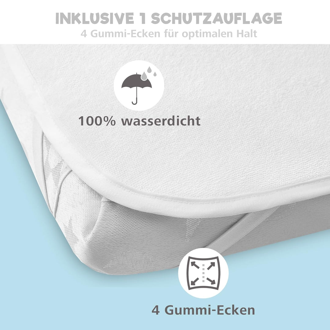 2X Spannbettlaken aus 100% Baumwolle mit Gummiband - 1X Matratzenschoner aus 100% wasserdichtem Mate