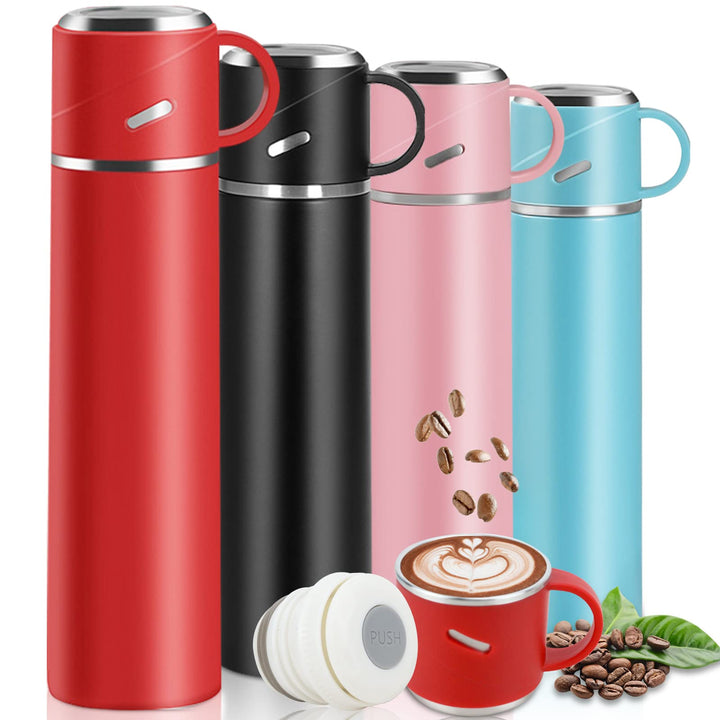 Thermosflasche Edelstahl, Thermoskanne 550ml mit Trinkbecher und Griff, Auslaufsichere Isolierte Tri