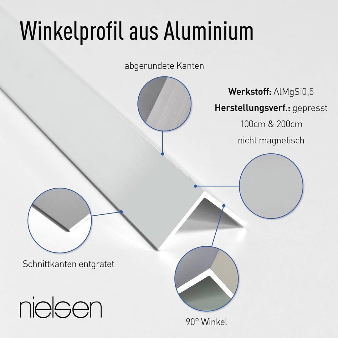 nielsen Aluminium Winkelprofil Silber matt eloxiert 2000x50x50 mm, Stärke: 2 mm, Länge: 200 cm, glei