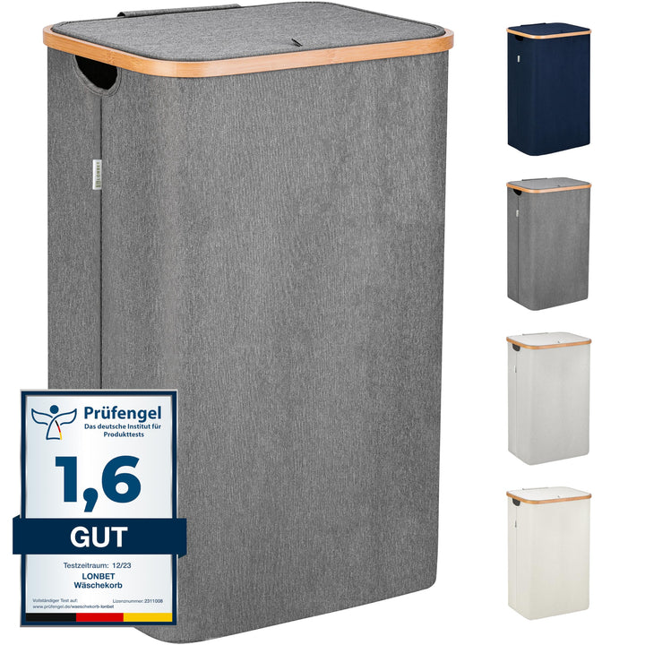 Lonbet - Wäschekorb mit Deckel Gross - XL 100 Liter - Wäschekorb Holz Bambus - Wäschesammler Grau mi