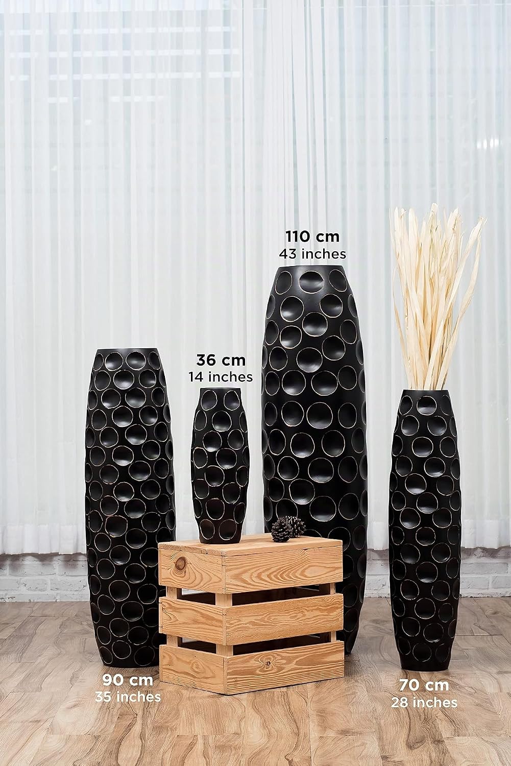 Leewadee Grosse Bodenvase für Dekozweige hohe Standvase Design Holzvase, Holz, 90 cm, Schwarz 90 cm
