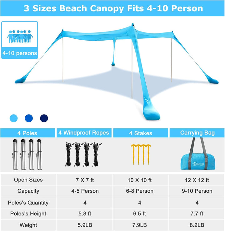 COMMOUDS Sonnenschutz 2,1M x 2,1M, UPF50+ Sonnensegel Strandmuschel Tragbarer Strandzelt mit 4 Alumi