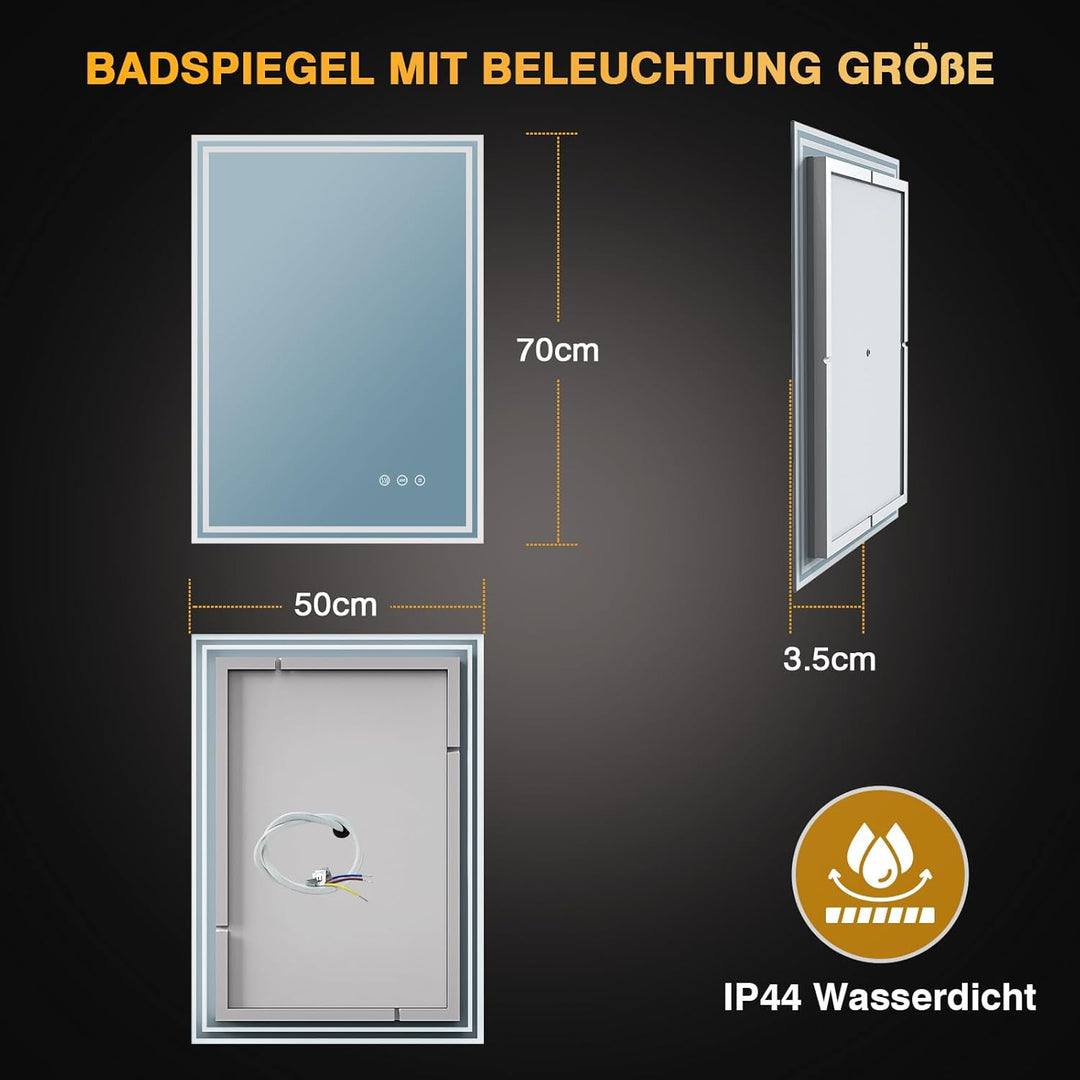 Badspiegel mit Beleuchtung 50x70cm, Spiegel Bad mit Beleuchtung 3 Lichtfarben, Dimmbar, Anti-Beschla