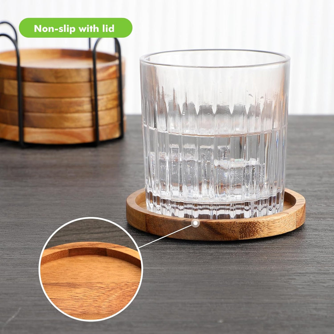 Untersetzer Holz Rund für Gläser 6er Set, Untersetzer aus Akazienholz mit Halter, Glasuntersetzer fü