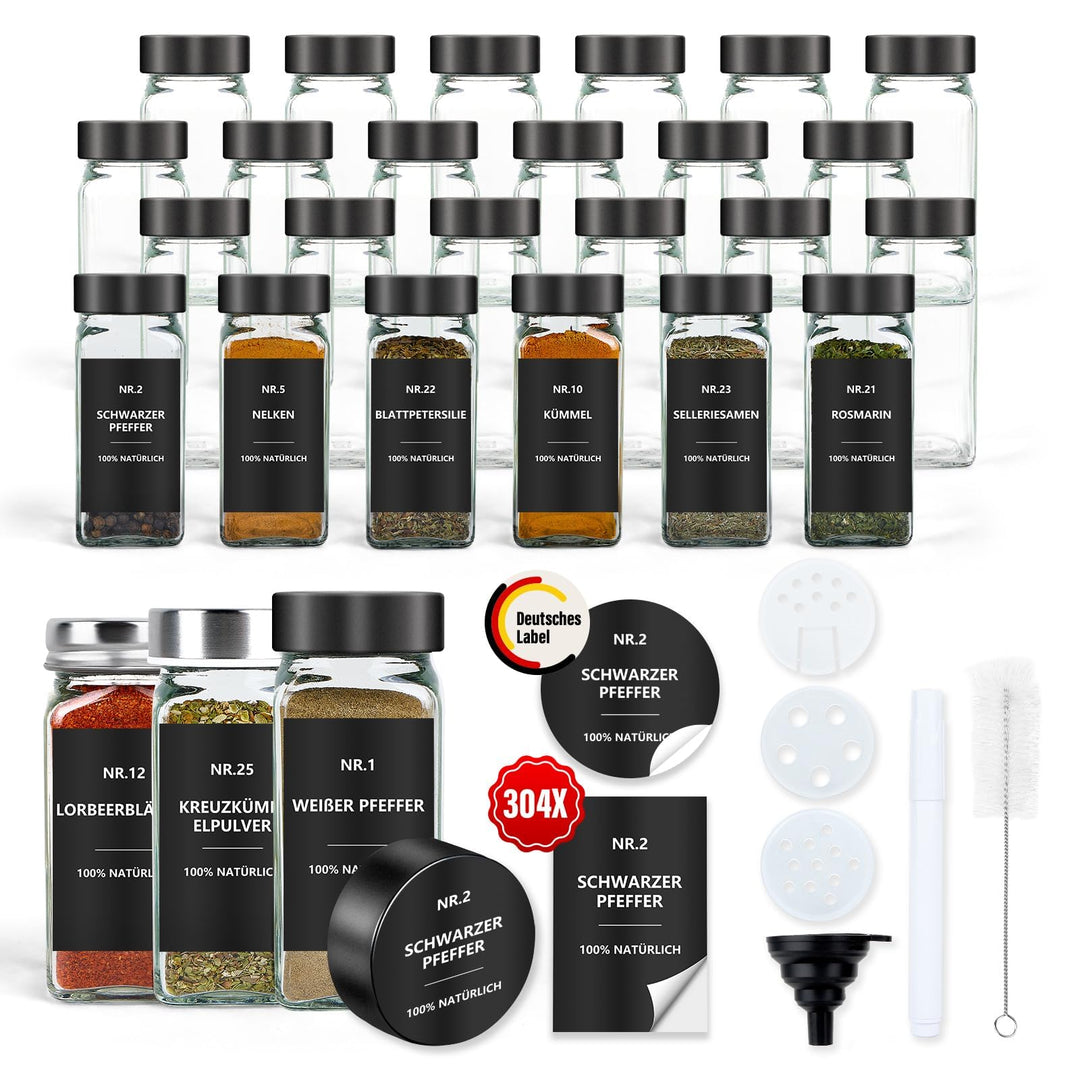 Gewürzgläser Eckig mit Etiketten Set 24er: Kleine Gewürzdosen Glas 120ml mit Streueinsatz Wasserfest