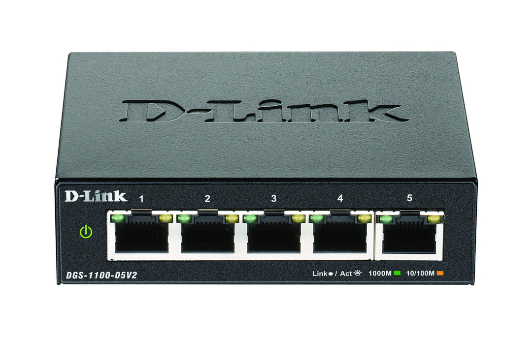 D-Link DGS-1100-05V2 5-Port Gigabit Smart Switch (10/100/1000 Mbit/s, lüfterlos, Metallgehäuse), Sch