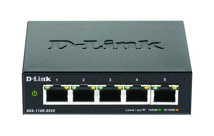 D-Link DGS-1100-05V2 5-Port Gigabit Smart Switch (10/100/1000 Mbit/s, lüfterlos, Metallgehäuse), Sch