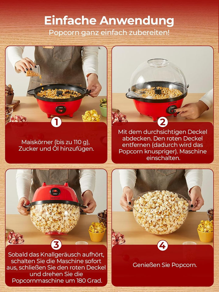 FOHERE 4,5L Popcornmaschine, 700W Popcorn Maschine mit 2 Messbecher für Zucker und Öl, Antihaftbesch