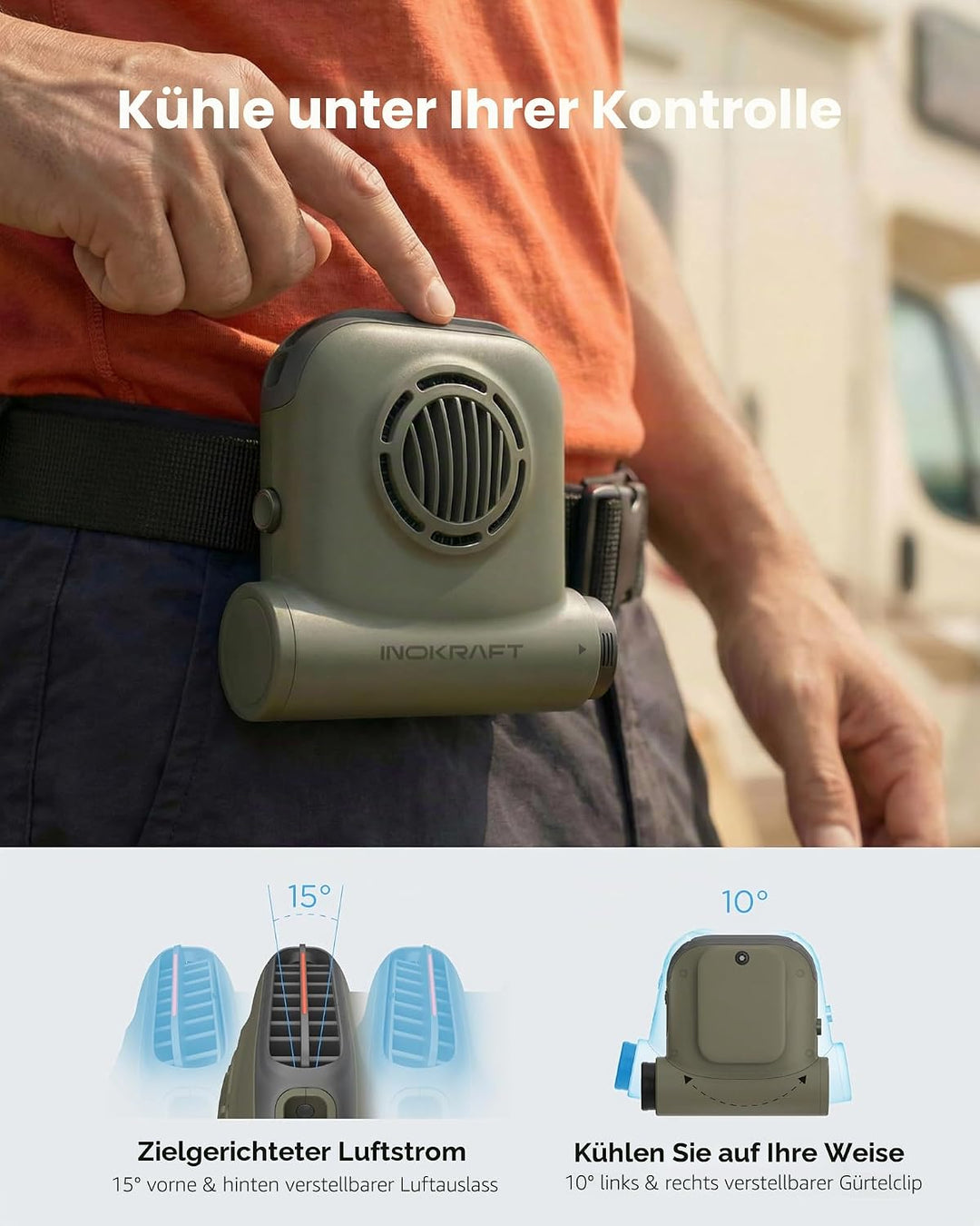 InoKraft Freihändiger Clip-Ventilator, tragbarer Ventilator mit 4Ah Wechselakku, 49 ft/s Turbo Fan,