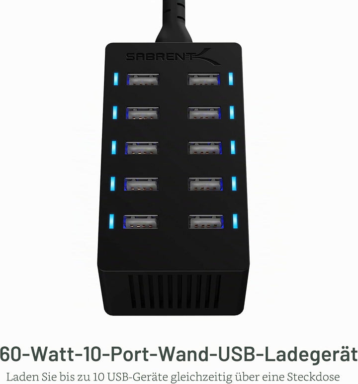 SABRENT USB Ladegerät, 60Watt 10ports USB-Schnellladegerät Ladestation Mehrfach, mit Netzteil, Lades