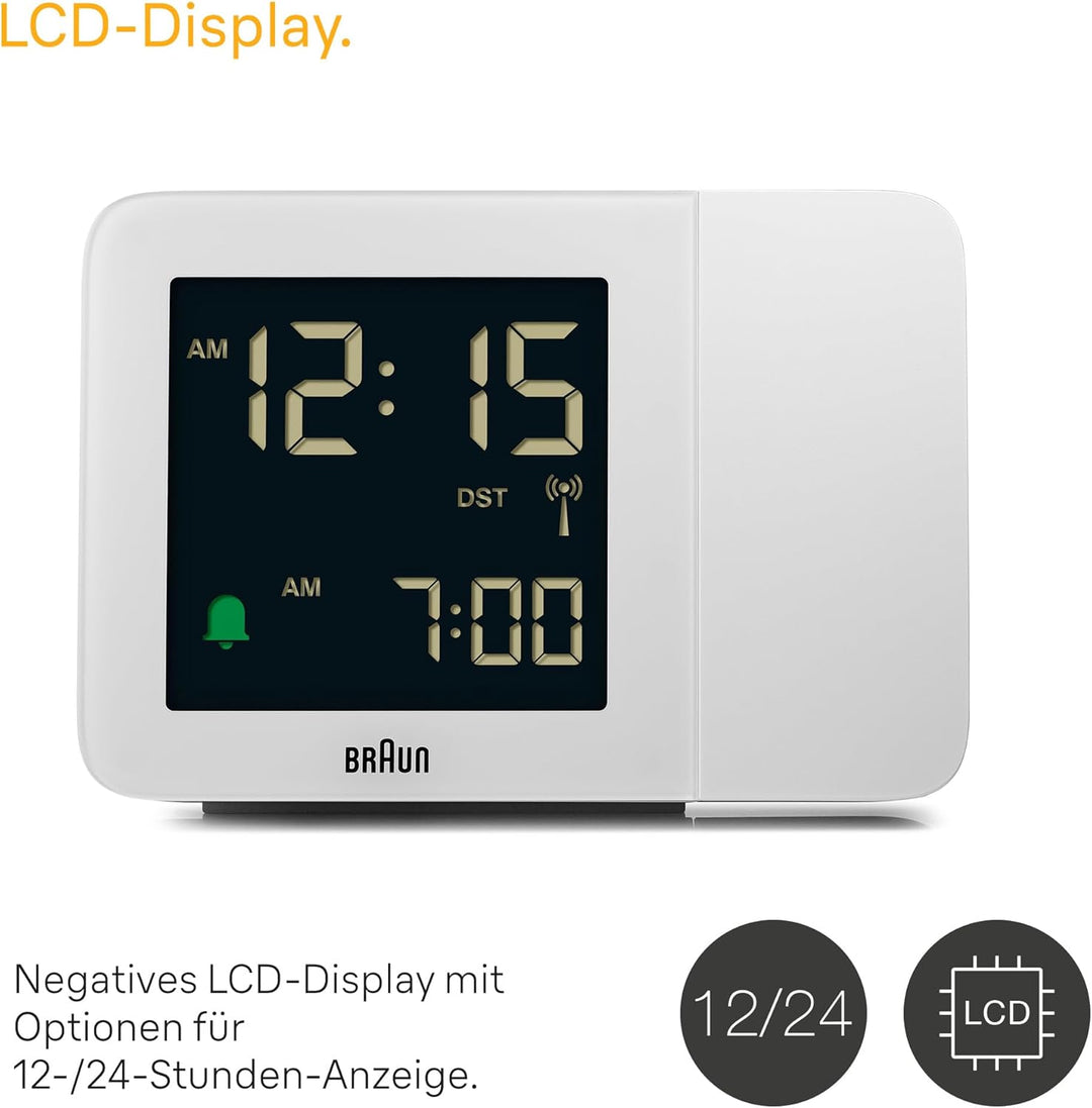 Braun Digitaler Funk-Projektionswecker für die mitteleuropäische Zeitzone (DCF) mit negativem LCD-Di