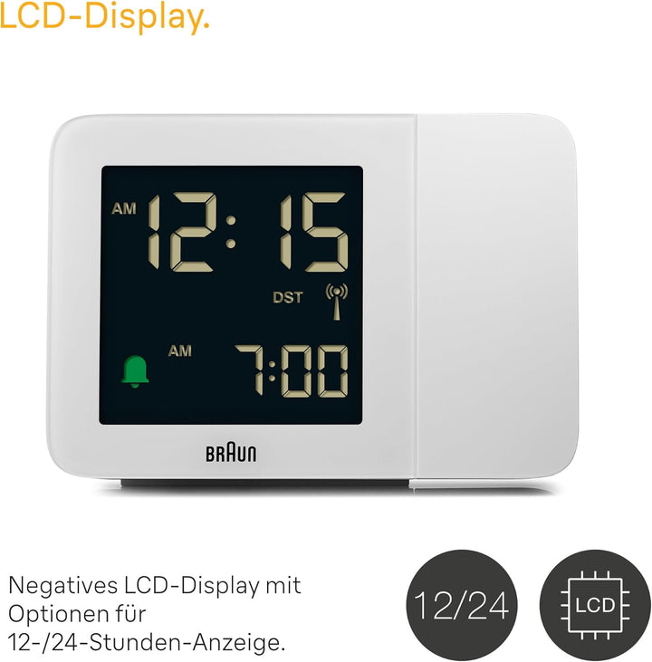 Braun Digitaler Funk-Projektionswecker für die mitteleuropäische Zeitzone (DCF) mit negativem LCD-Di