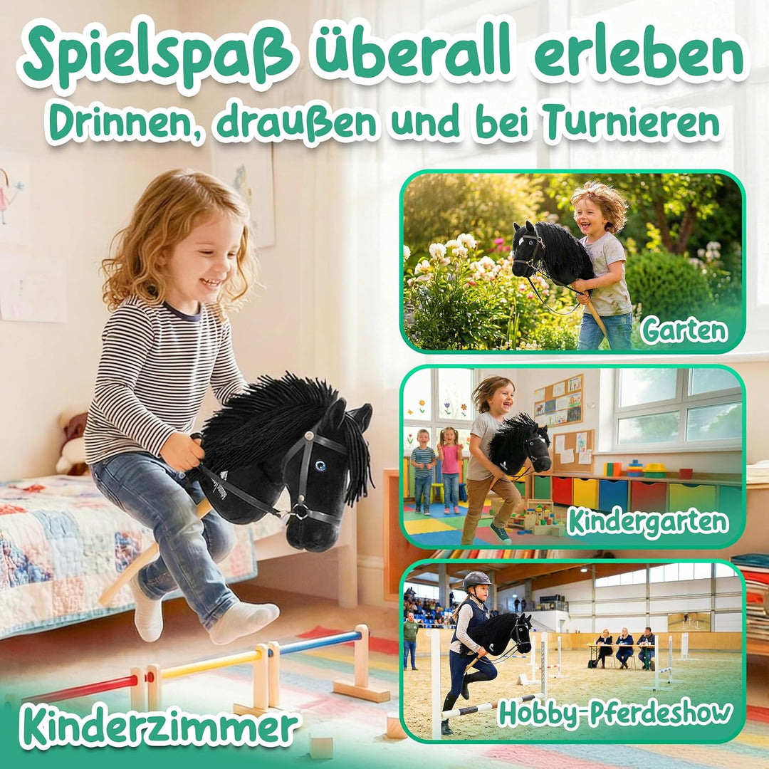 Premium Hobby Horse,Steckenpferd,Stockpferd mit realistischen Augen & Stall‑Karton – Braun oder Schw