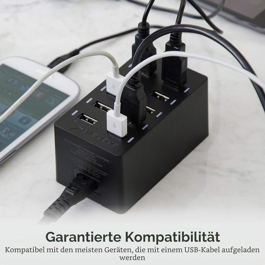 SABRENT USB Ladegerät, 60Watt 10ports USB-Schnellladegerät Ladestation Mehrfach, mit Netzteil, Lades