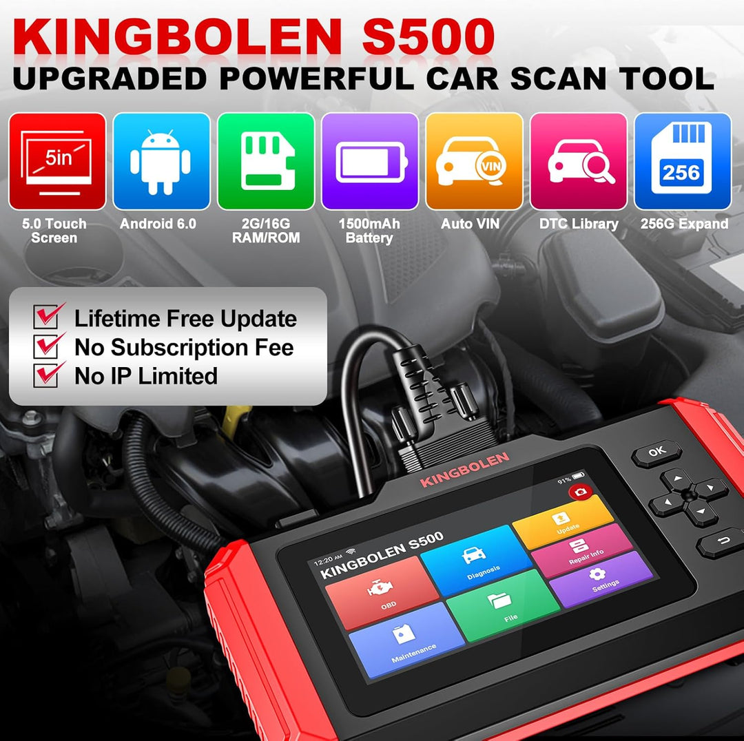 KINGBOLEN S500 OBD2 Diagnosegerät, Automotive Fehlercode Auslesegerät für Motor/Getriebe/ABS/SRS,Dia