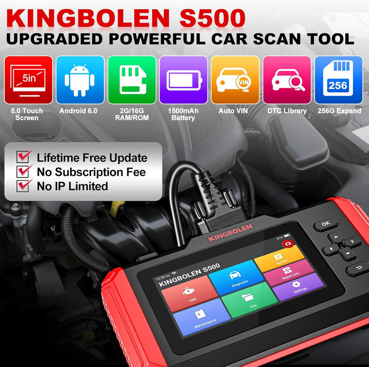 KINGBOLEN S500 OBD2 Diagnosegerät, Automotive Fehlercode Auslesegerät für Motor/Getriebe/ABS/SRS,Dia