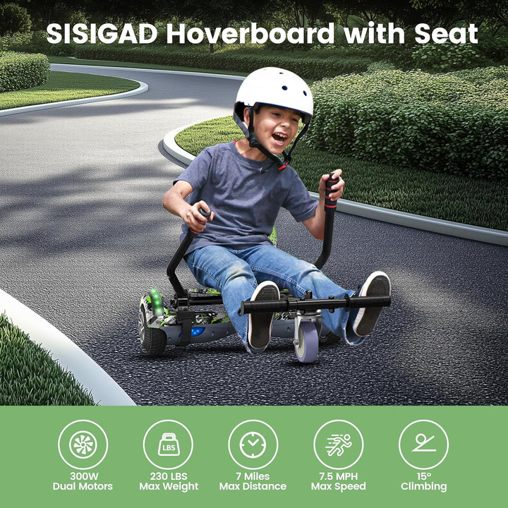 SISIGAD Hoverboard mit Kartsitz, Bluetooth-Lautsprechern und LED-Licht, 6,5-Zoll-Reifen, leistungsst