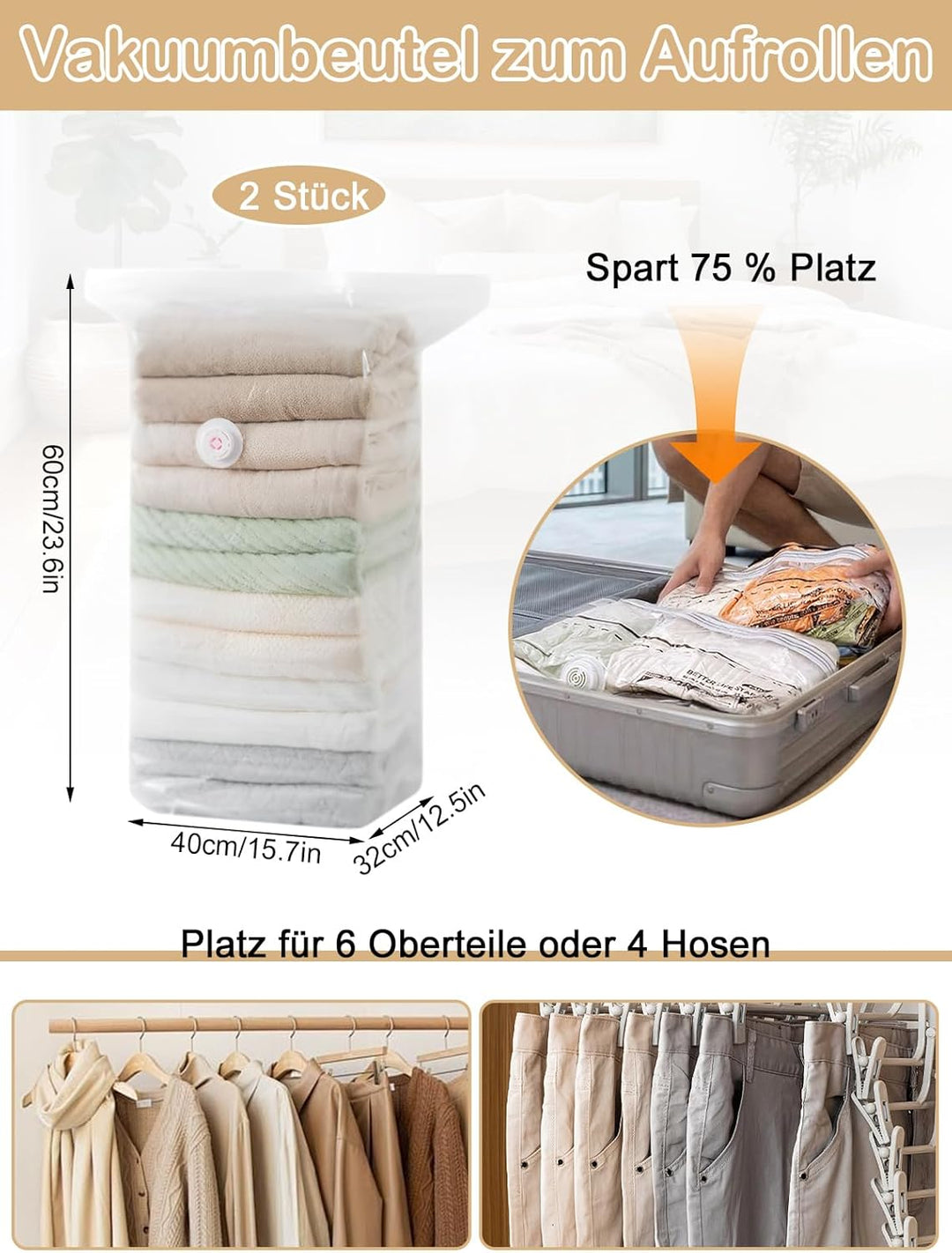 2 Stück Unterbett Aufbewahrungsbox, 2 Stück Durchsichtige Aufrollen Vakuumbeutel, 50L Faltbare Unter