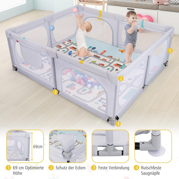 GOPLUS 189x158 cm Laufstall Baby, Laufgitter mit atmungsaktiver Netz, 4 Reissverschlusstür, Tragetas