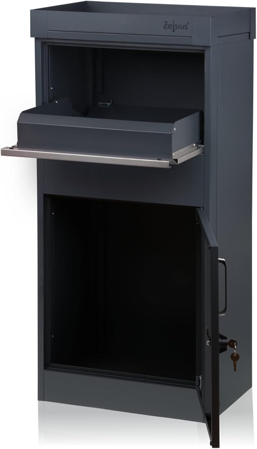 Zelsius Briefkasten mit Paketfach Pluto | pulverbeschichteter Stahl mit Edelstahl Elementen | RAL701